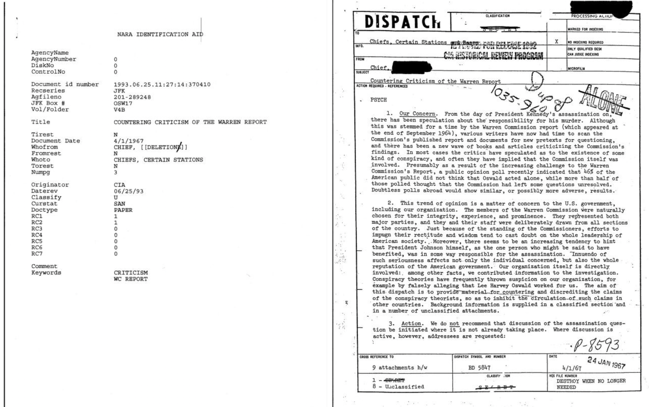 CIA Document 1035-960, page one, titled Countering Criticism of the Warren Report, classified Secret, dated April 1 1967, with NARA Identification Aid