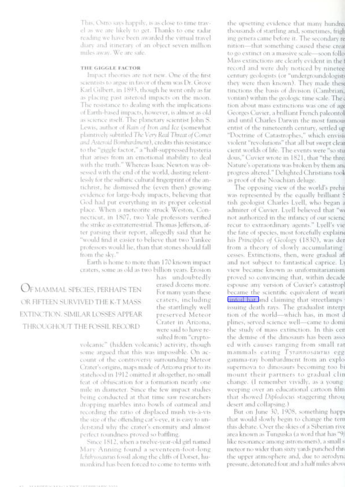 Interior page from A Comet's Tale by Tom Bissell in Harper's Magazine February 2003 covering asteroid impact science