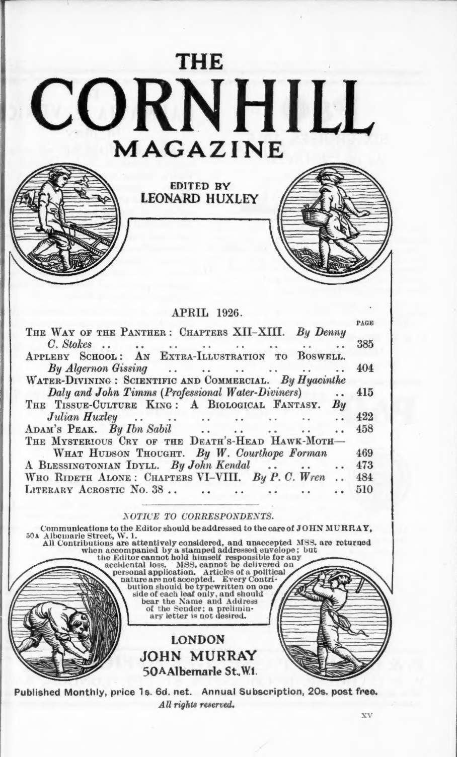 Interior title page of The Cornhill Magazine, April 1926, showing full table of contents with EDITED BY LEONARD HUXLEY and The Tissue-Culture King listed as fourth item