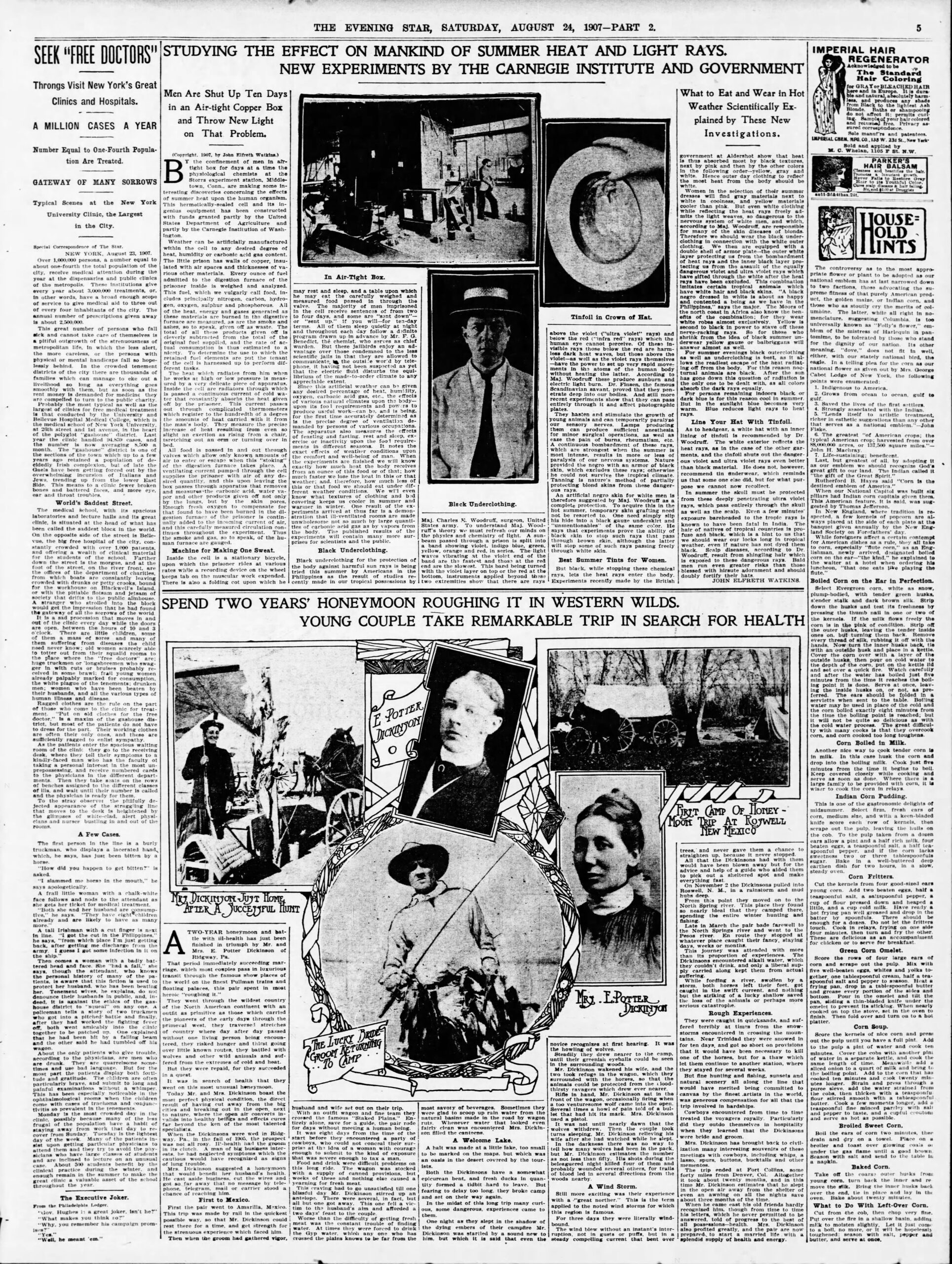 Evening Star, Washington D.C., August 24, 1907. Full page: Studying the Effect on Mankind of Summer Heat and Light Rays. Includes subhead: Line Your Hat With Tinfoil.