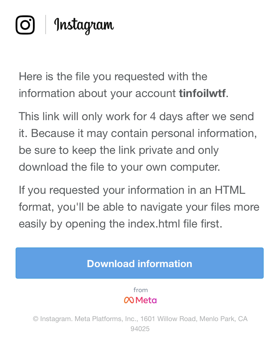 Meta email with data download link