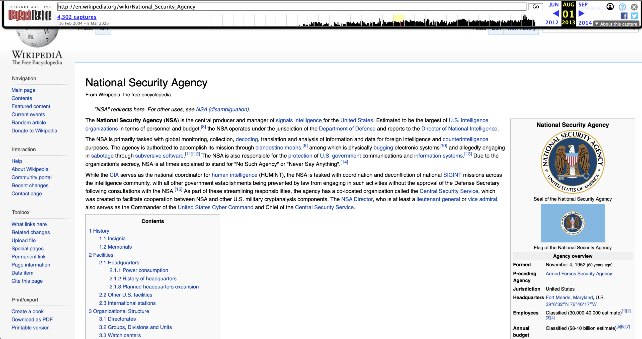 Wikipedia National Security Agency article lead section, Wayback Machine snapshot January 3 2013, describing NSA as cryptologic intelligence agency with intelligence gathering limited to foreign communications