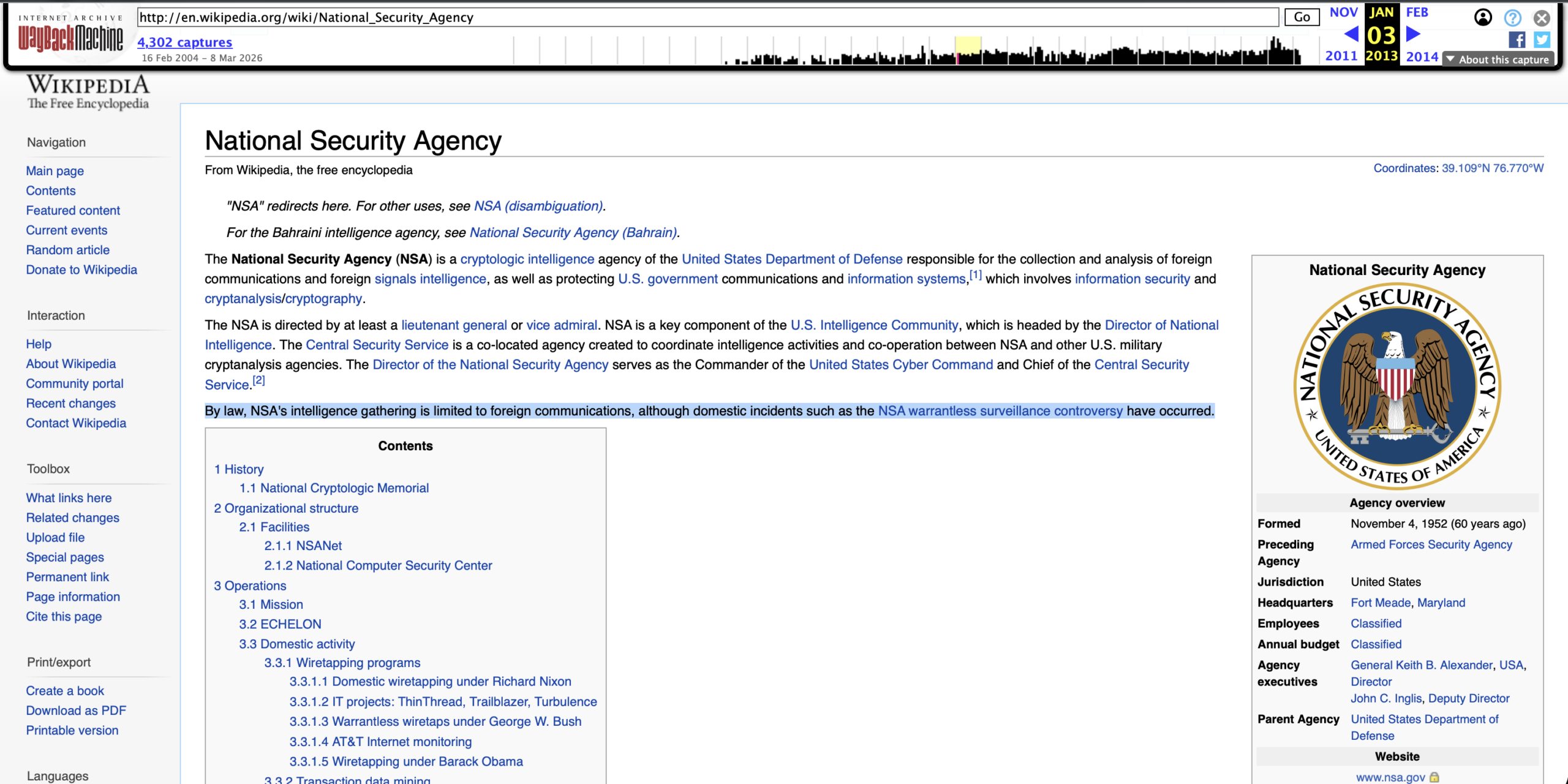 Wikipedia National Security Agency article lead section, Wayback Machine snapshot August 1 2013, now describing NSA as conducting global monitoring collection and decoding through clandestine means including physically bugging electronic systems