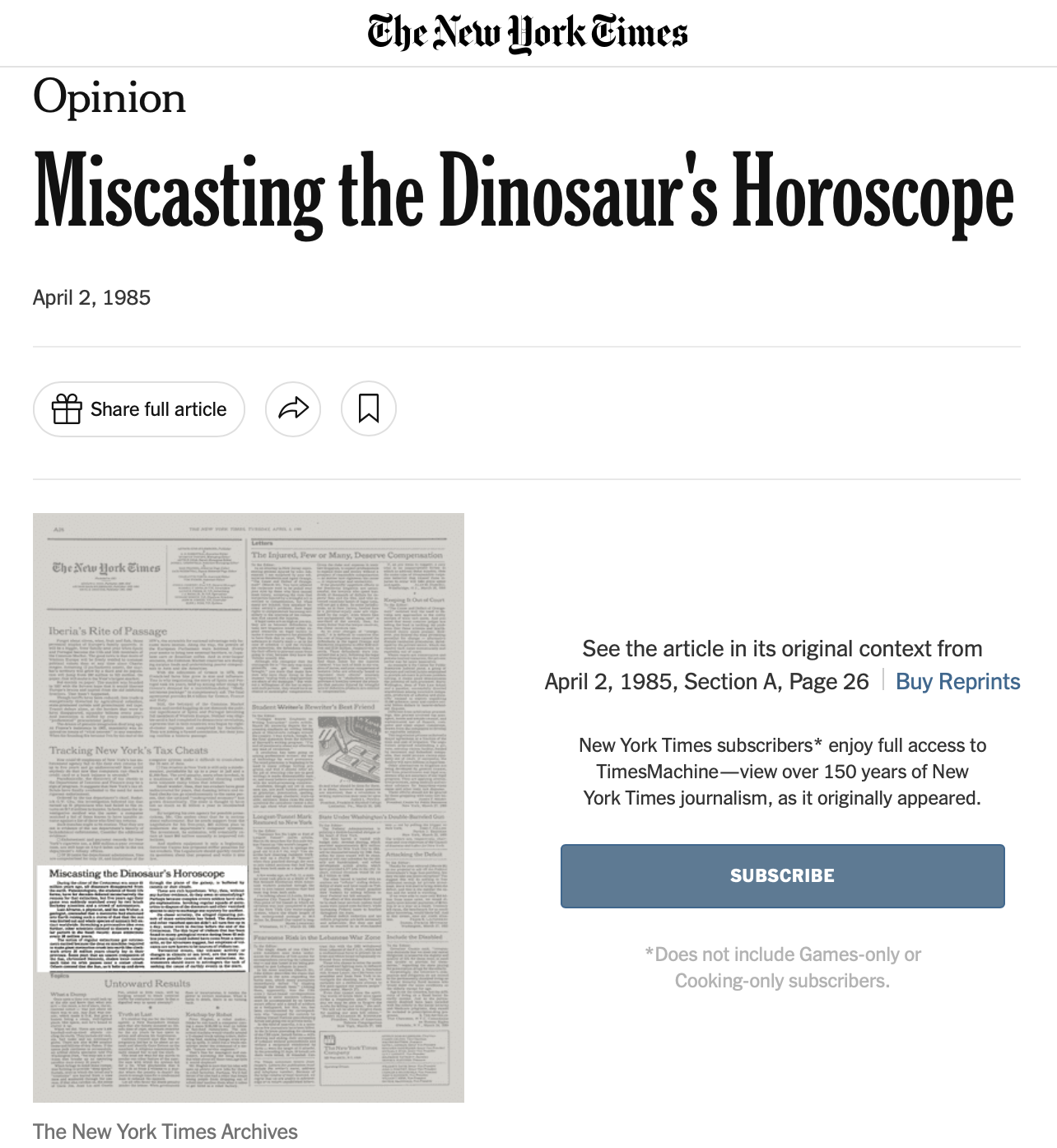 New York Times editorial page April 2 1985 showing Miscasting the Dinosaur's Horoscope editorial