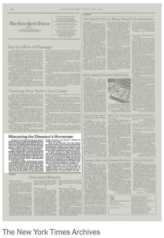 New York Times letters page April 14 1985 showing Muller and Alvarez response
