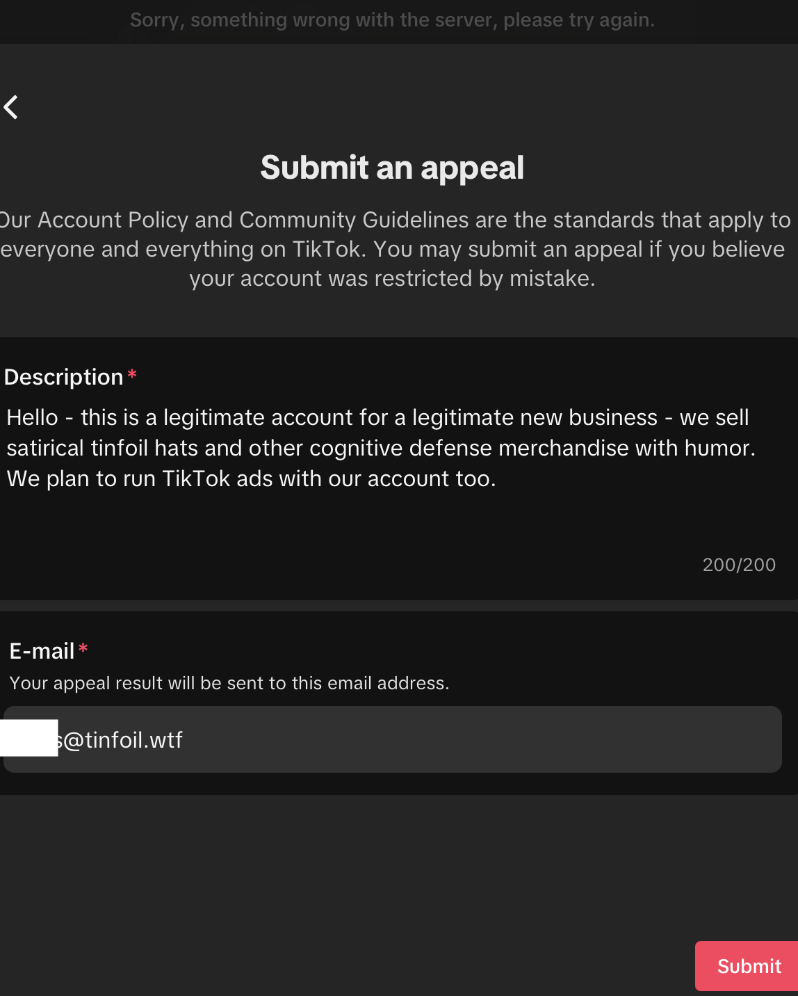 TikTok appeal form completed with server error message preventing submission