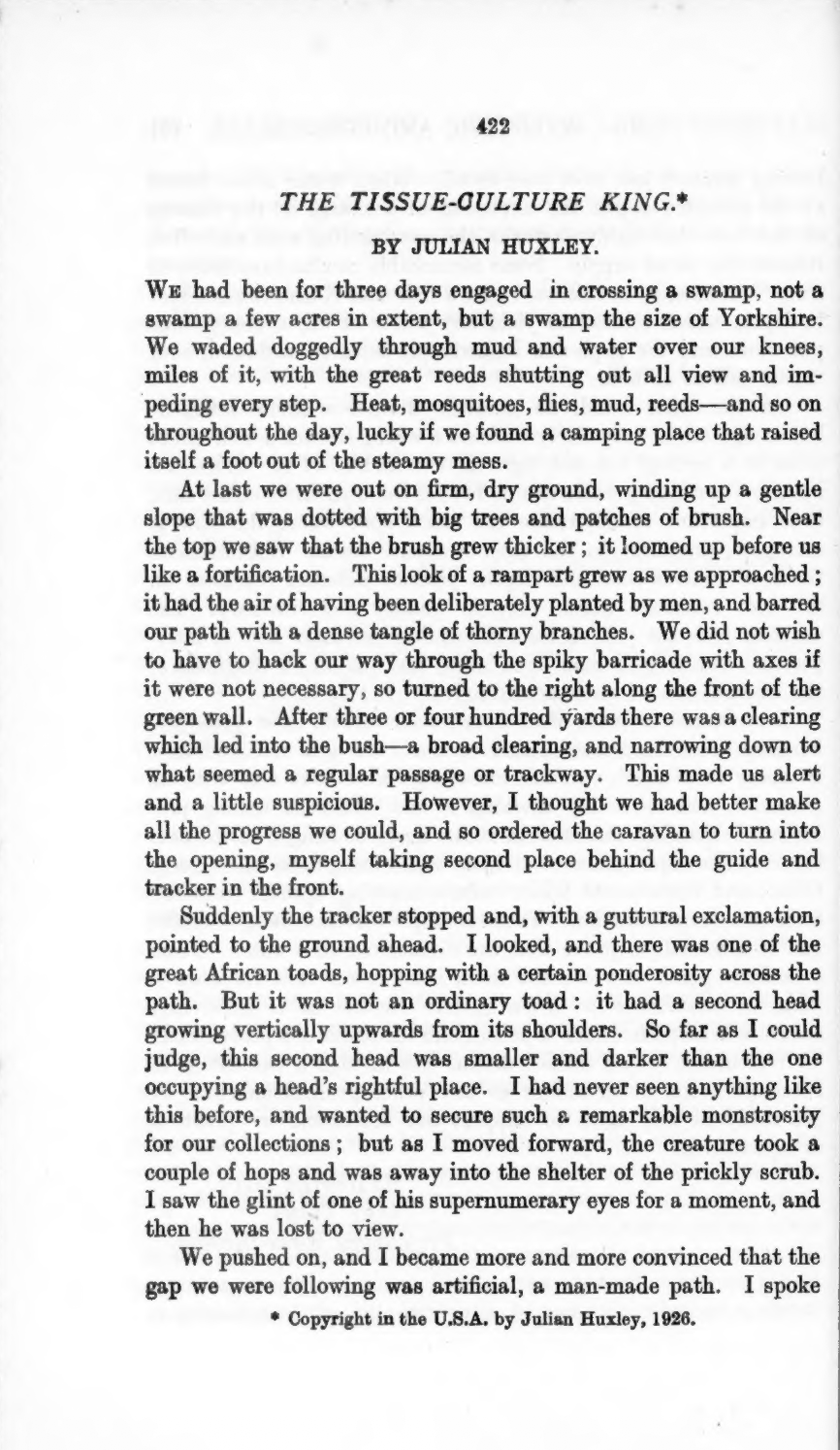 Page 422 of the Cornhill Magazine, April 1926, showing the title THE TISSUE-CULTURE KING, byline BY JULIAN HUXLEY, first paragraphs of text, and copyright notice at bottom: Copyright in the U.S.A. by Julian Huxley, 1926
